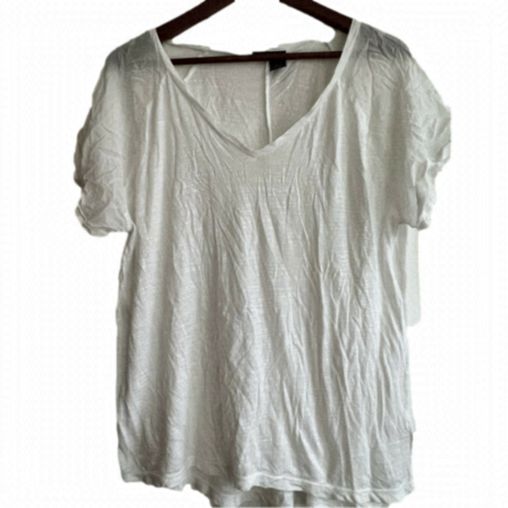 𝅺DKNY Jeans Semi-Sheer White Dressy Short Sleeve V Tee Lady Woman Size Large